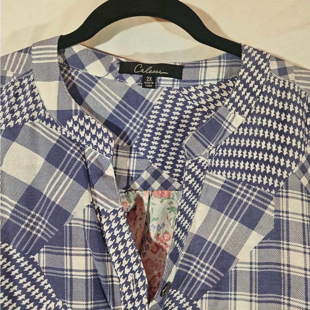 Blue Plaid Button-Down Shirt with Pink Rose Embroidery - Picture 2 of 6